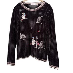 Alfred Dunner Black Snowman Sweater Polka Dots Sz XL